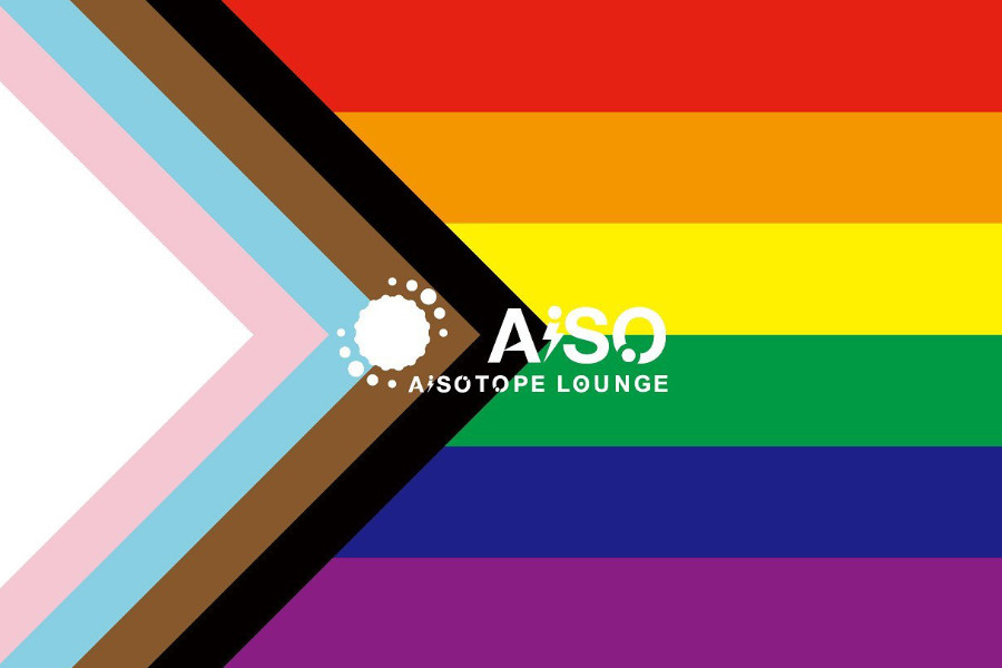 Logo of Tokyo’s AiSOTOPE Lounge placed over a Progress Pride flag for LGBTQ+ celebration.