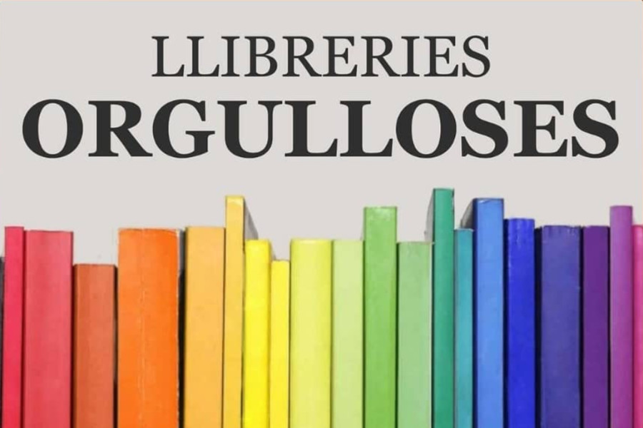Gráfica de libros con los colores de los arcoíris en un estante para promover una campaña de orgullo LGBTQ+ en librerías.
