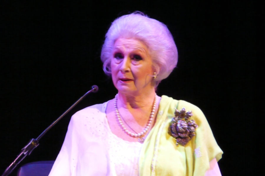 Close-up of April Ashley addressing the audience at the Southbank Centre in February 2009.