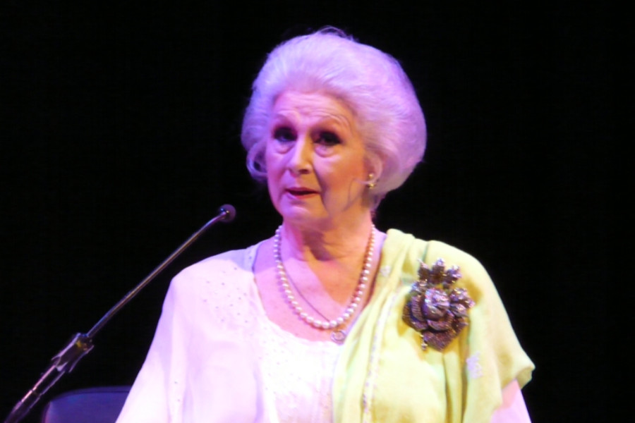 Close-up of April Ashley addressing the audience at the Southbank Centre in February 2009.