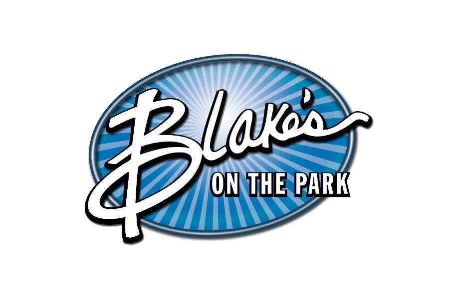 Visual identity for Blake’s On The Park featuring its bold white cursive text on a radiating blue background.