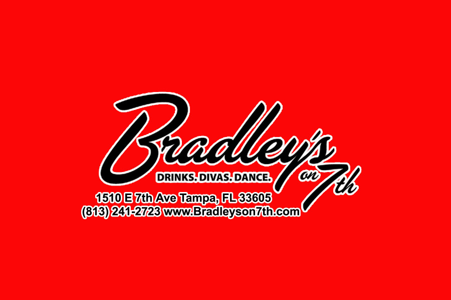 Red logo for Bradley’s on 7th featuring bar name, tagline, and contact information in bold white text.