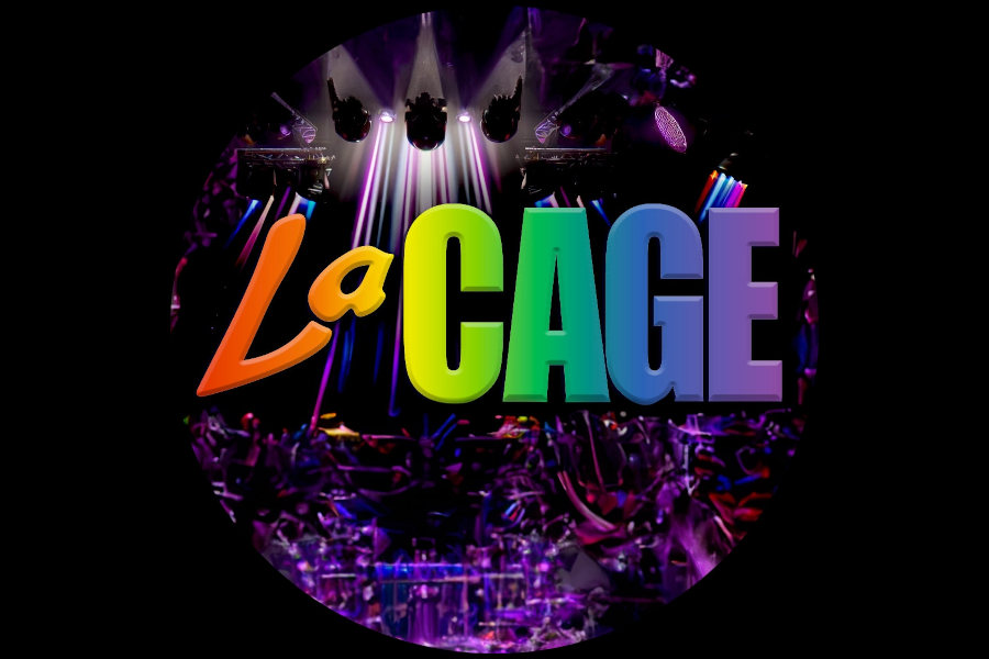 Circular logo of La Cage nightclub with multicolored text and stage lights in the background.