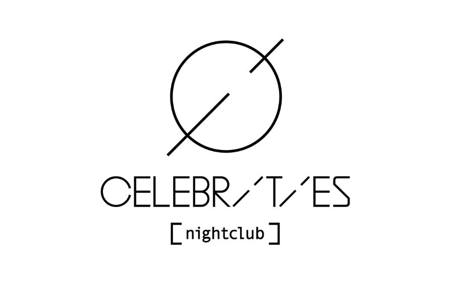 Black minimalist logo of Celebrities Nightclub with stylized text and a diagonal-lined circle above.