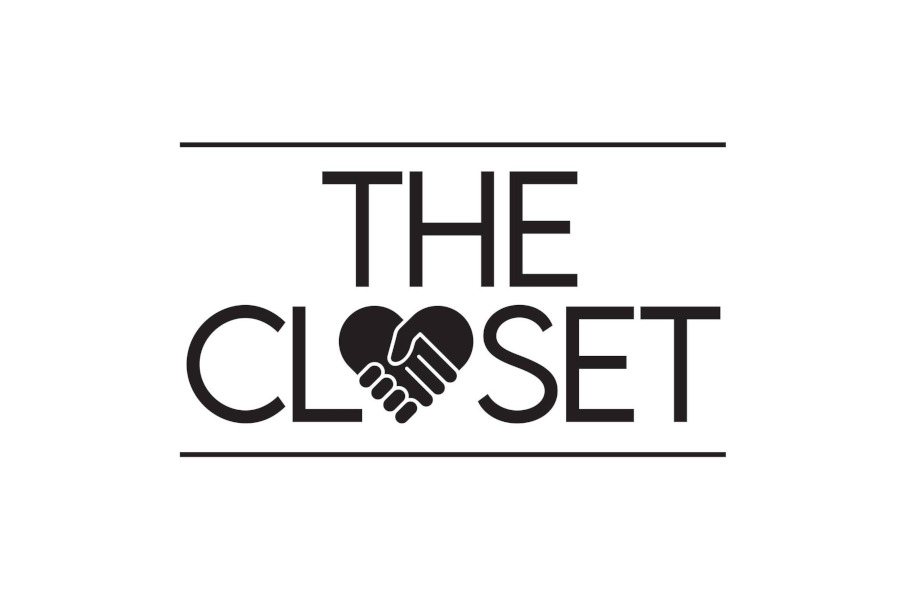 Black and white logo for The Closet Chicago, with a handshake forming a heart inside the letter “O”.