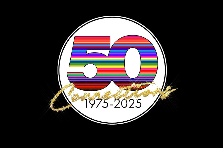 Rainbow-striped “50” logo celebrating the 50th anniversary of Connections Nightclub in Perth.