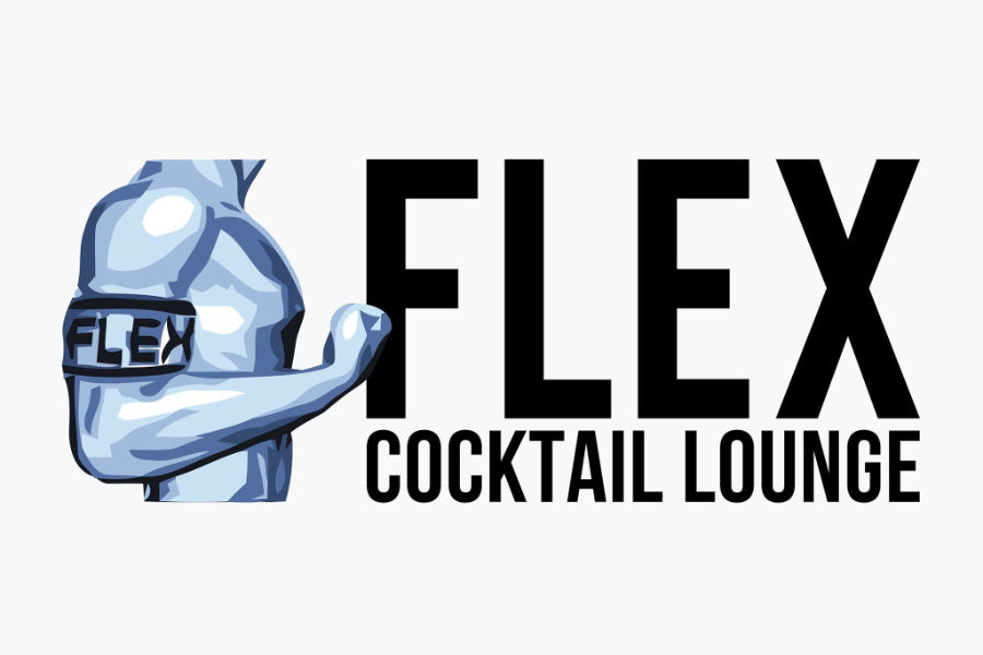 Illustration of a flexed blue bicep with “FLEX” armband next to Flex Cocktail Lounge text.