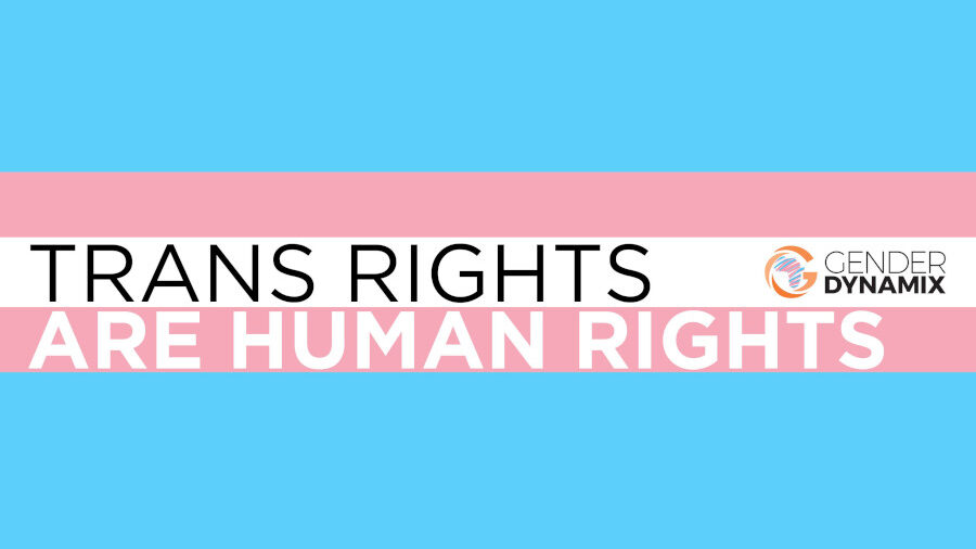 Banner image with trans flag background saying “Trans Rights Are Human Rights” and the Gender Dynamix logo in the top-right.