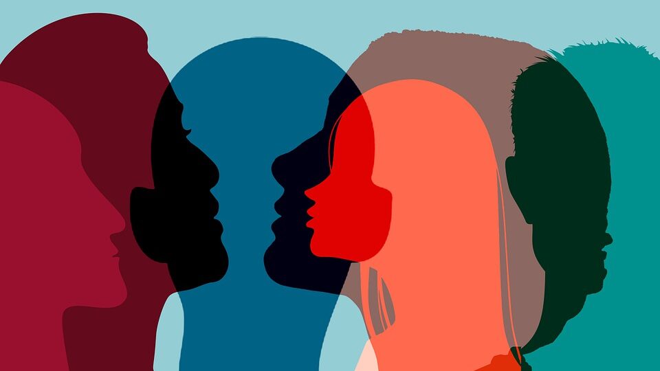 Un graphique moderne avec des profils colorés et superposés, soulignant l'unité et la diversité dans un style minimaliste.