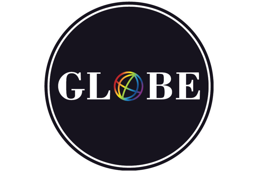 Circular black logo for Globe Nightclub, featuring white GLOBE text and rainbow globe replacing the “O”.
