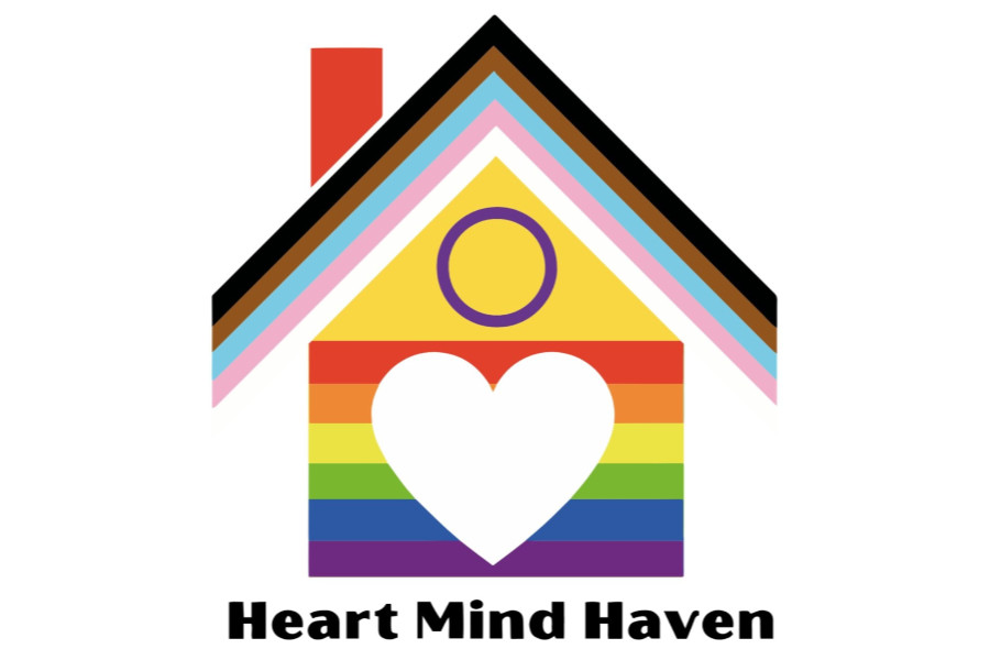A colorful house logo with a heart and Pride flag stripes, symbolizing healing and LGBTQ+ support by Heart Mind Haven.