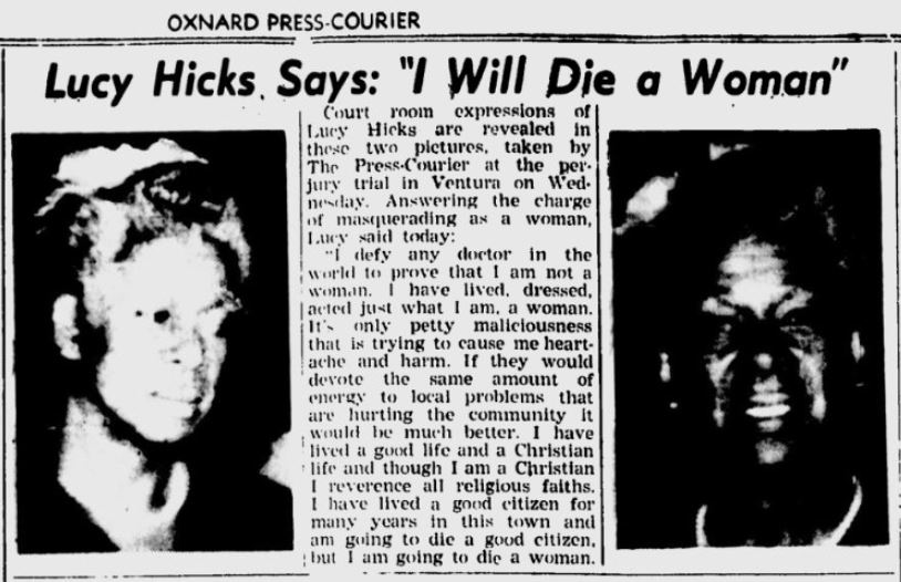 Extrait de journal du Oxnard Press-Courier montrant Lucy Hicks Anderson lors de son procès pour parjure en 1945, avec le titre « I Will Die a Woman » et deux photos d’elle.