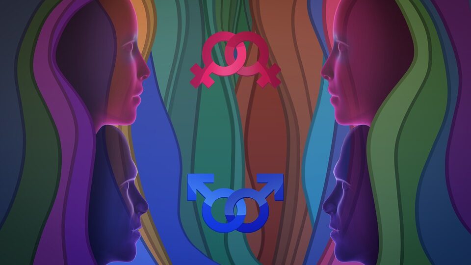 Abstract art depicting mirrored profiles with overlapping layers, symbolizing gender identity and fluidity, with prominent male and female gender symbols in the middle.