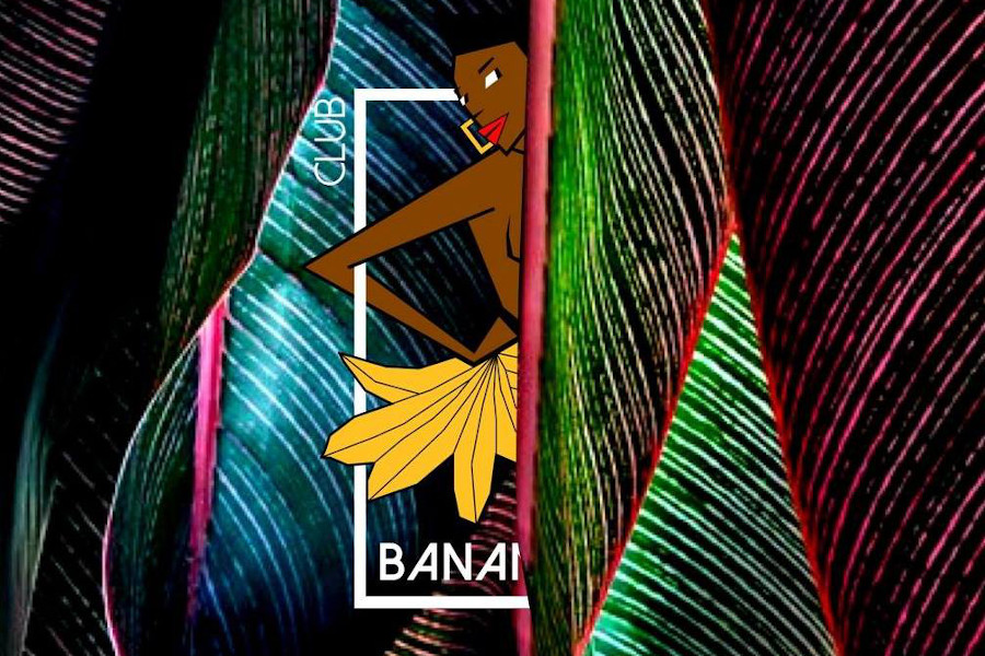 Vibrant logo of Banana Café Paris featuring a stylized dancer in a yellow skirt on a colorful tropical background.