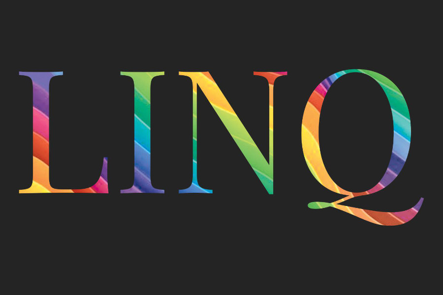 “LINQ” in bold serif letters filled with a textured rainbow gradient on a black background.