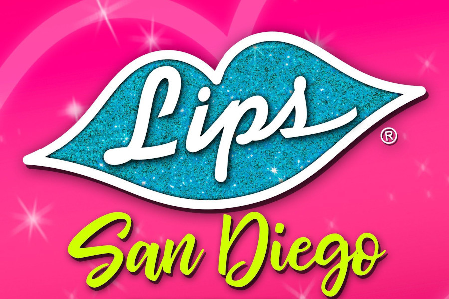 Bright pink poster of Lips San Diego featuring a sparkling blue lips logo and bold text.