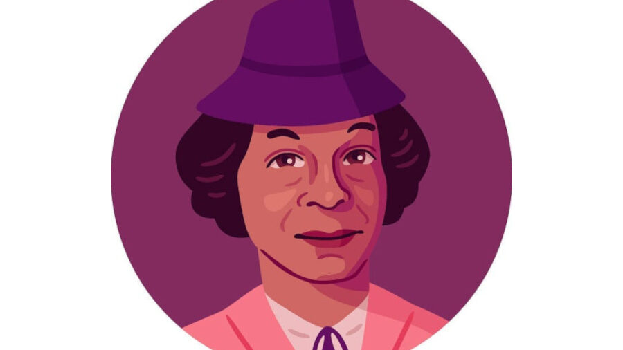 Illustration vectorielle colorée de Lucy Hicks Anderson portant un chapeau violet et une veste rose, sur un fond circulaire violet foncé.