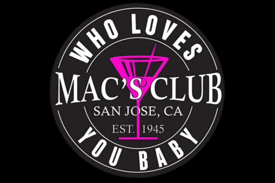 Circular logo of Mac’s Club San Jose featuring bold white text and a pink cocktail glass.