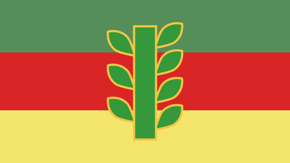Māhū flag with three horizontal stripes in green, red, and yellow, featuring a central green symbol with leaves, representing Māhū identity and culture.