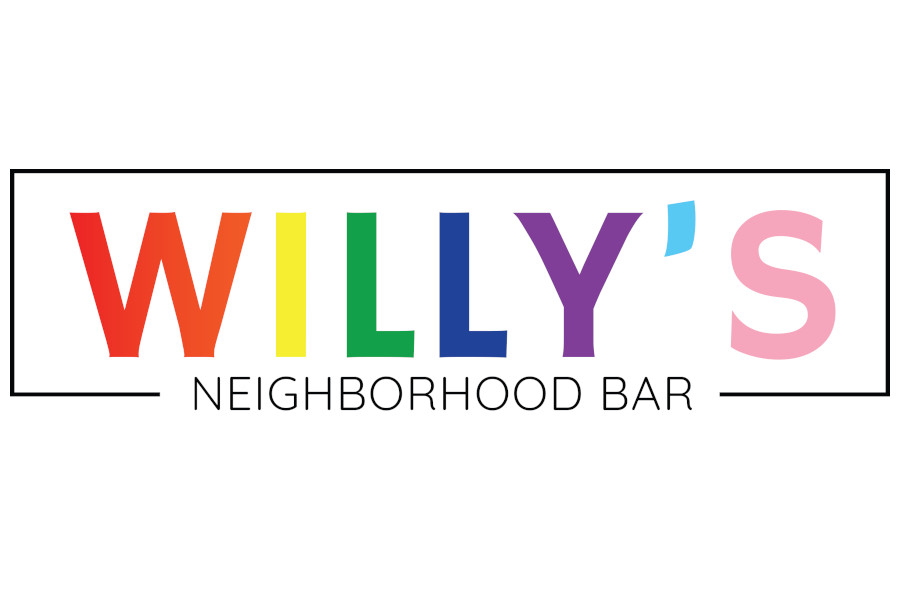 Logo of Willy’s Neighborhood Bar with each letter in rainbow and trans flag colors.