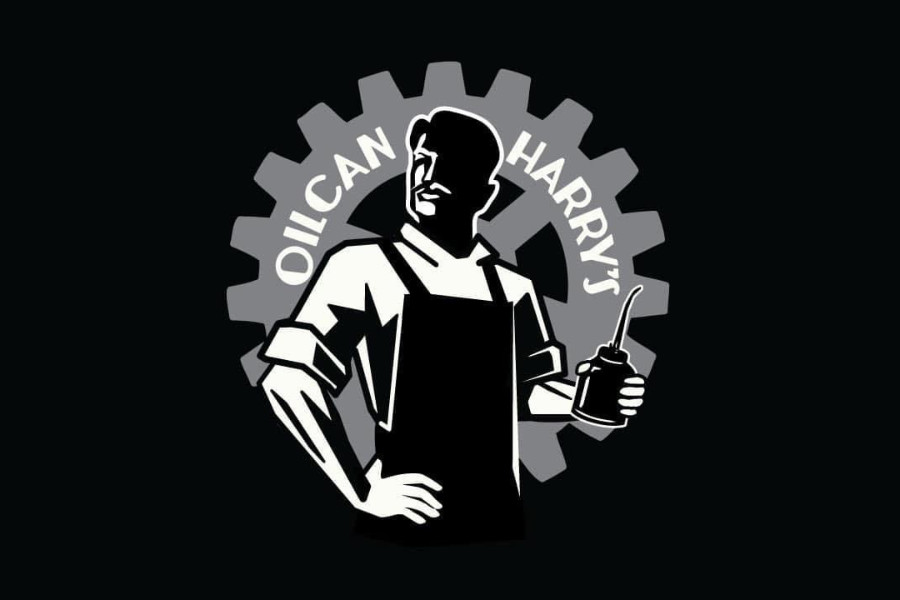 Black-and-white graphic of a figure in overalls holding an oil can, with “Oilcan Harry’s” written in a gear-shaped border.