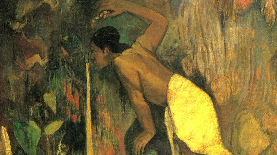 Pintada en 1893, la obra *Pape Moe* (*Agua misteriosa*) de Paul Gauguin muestra a una persona māhū bebiendo de una cascada de Tahití, en medio de un vibrante paisaje natural.