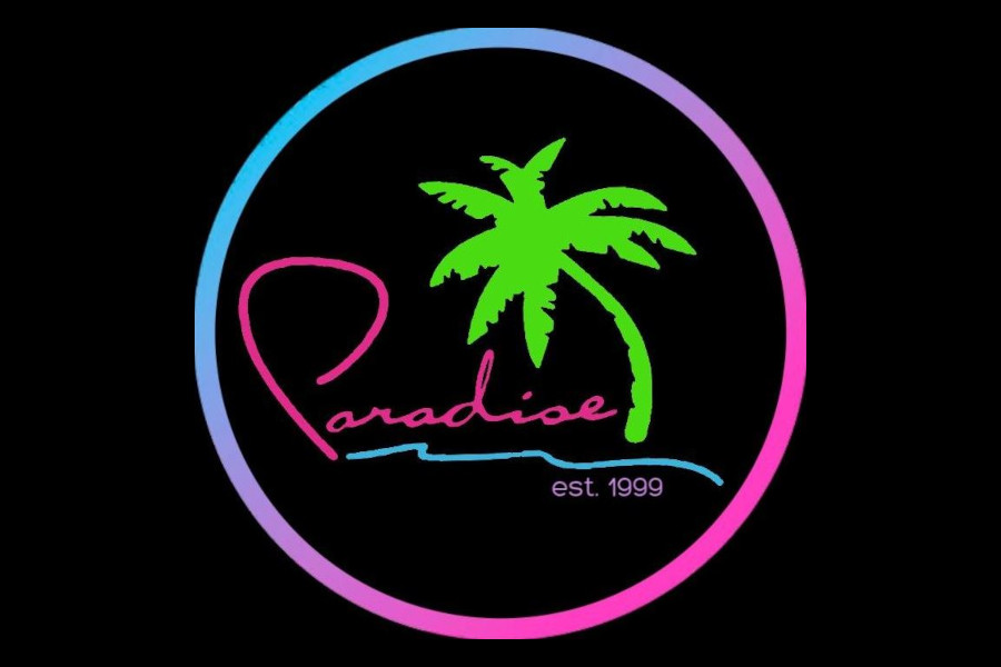 Paradise bar logo with tropical theme, gradient circle, green palm tree, and stylized text.