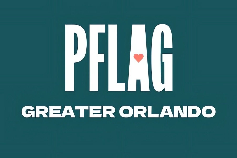 Logo of PFLAG Greater Orlando with white text on a teal background and a small red heart inside the letter “A.”