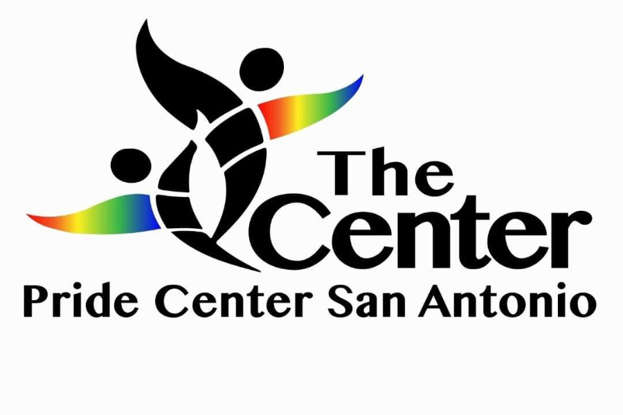 Logo of Pride Center San Antonio featuring two stylized human figures with rainbow-colored wings and bold text.