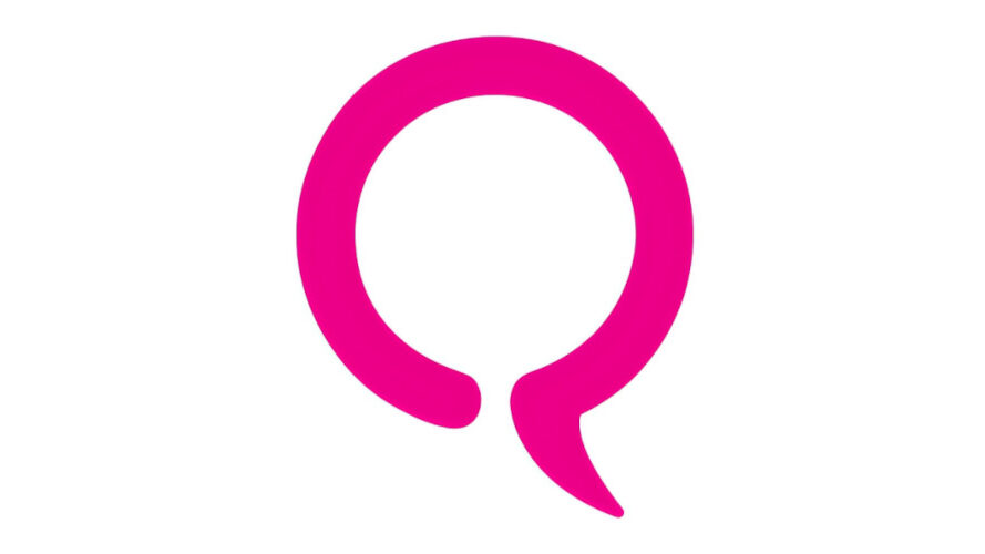 Logo of QMUNITY, a bright pink speech bubble shaped like an incomplete circle, symbolizing communication, inclusion, and LGBTQ2S+ support.