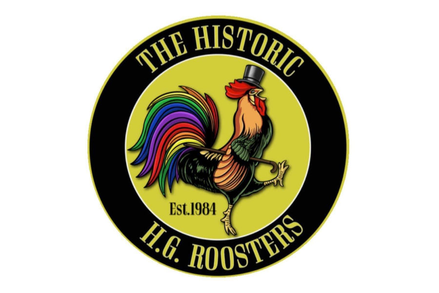 Circular logo of historic H.G. Roosters with rainbow rooster on yellow background.
