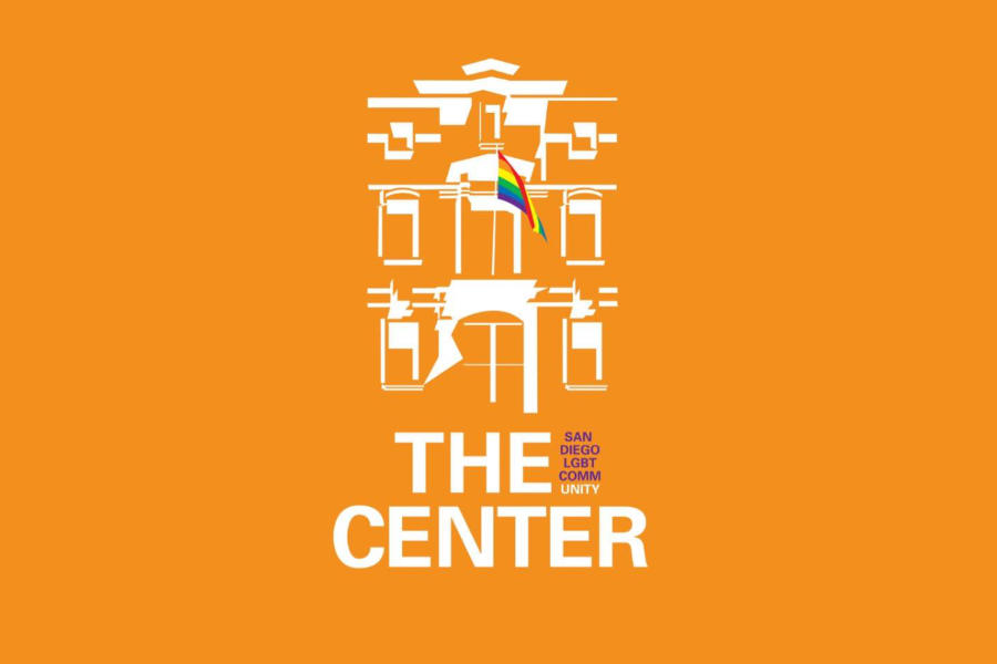 Orange logo of The San Diego LGBT Center with stylized building and rainbow flag