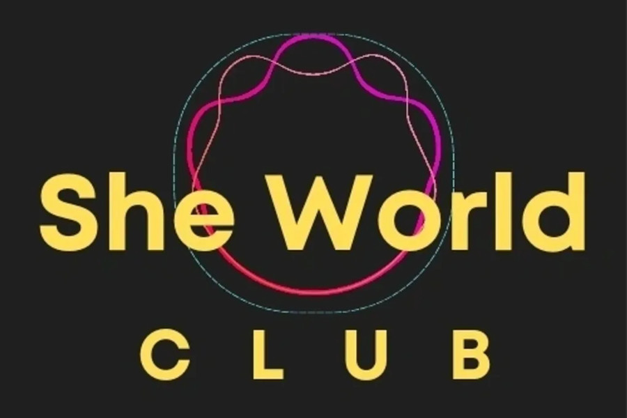 Yellow text reading “She World CLUB” on black background with colored graphic line art above.