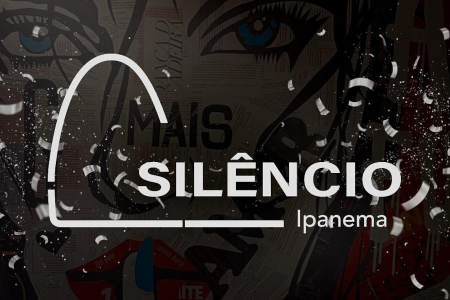 Identidade visual do Silêncio Ipanema apresentando seu nome em branco com arco estilizado sobre fundo escuro de graffiti.