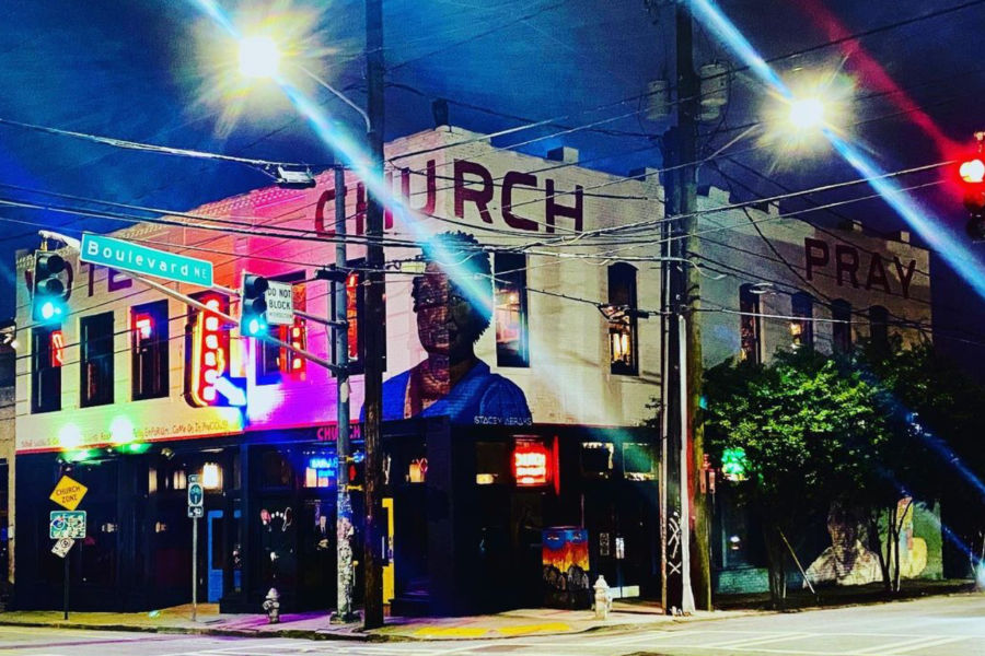 The iconic mural-covered façade of Sister Louisa’s Church bar in Atlanta.