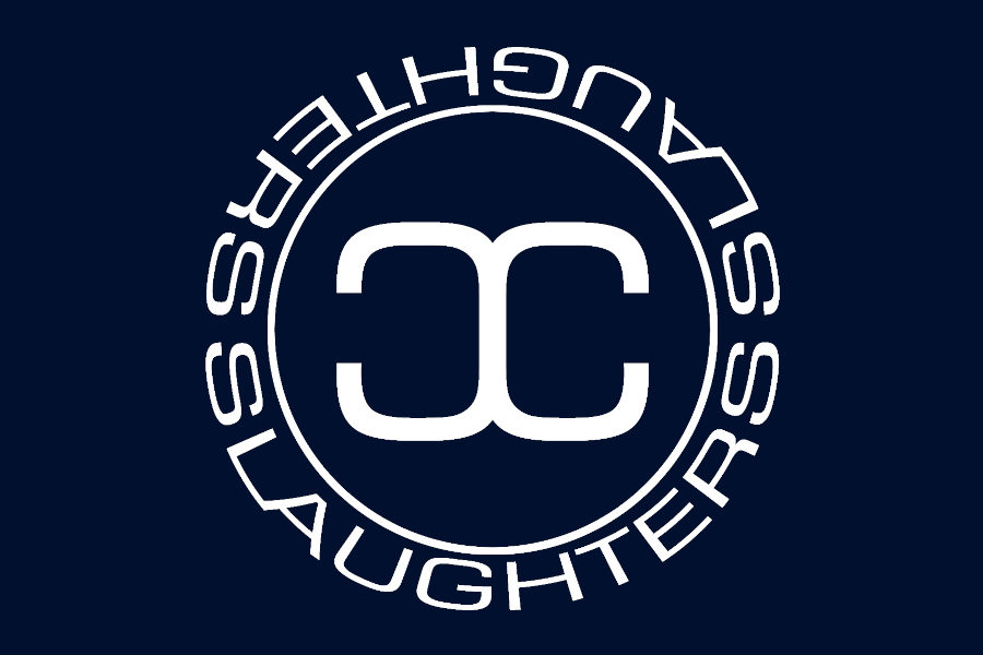 White “CC” logo centered in navy circle with text “Slaughters” around it on a dark blue background.