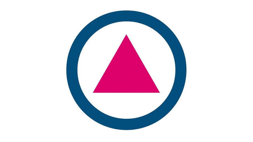 Logo of SOS Homophobie, showing a pink triangle centered inside a thick blue circle on a white background.