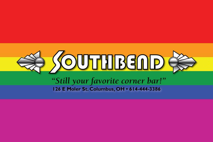 Logo of Southbend Tavern with rainbow background and slogan “Still your favorite corner bar!”