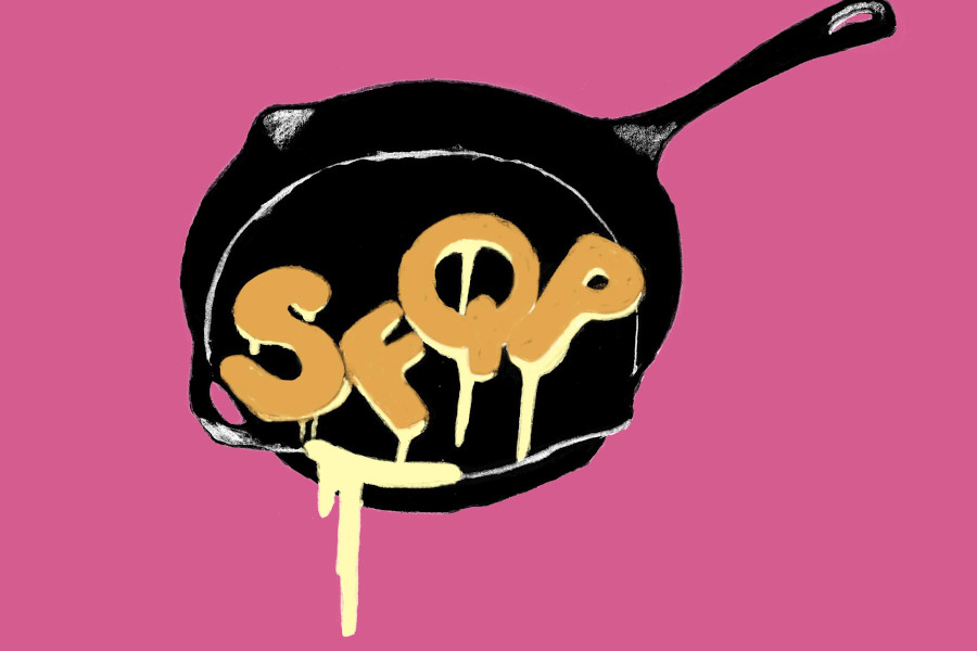 Black frying pan with SFQP initials dripping in yellow, symbolizing queer southern pride and cultural expression.