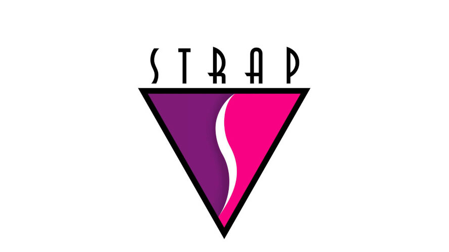 Logo of STRAP Philippines featuring a downward triangle split in pink and purple with a white S shape in the center and “STRAP” written above.