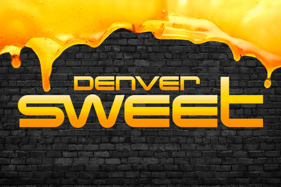 Graphic logo of Denver Sweet in bold yellow-orange gradient with brick background.