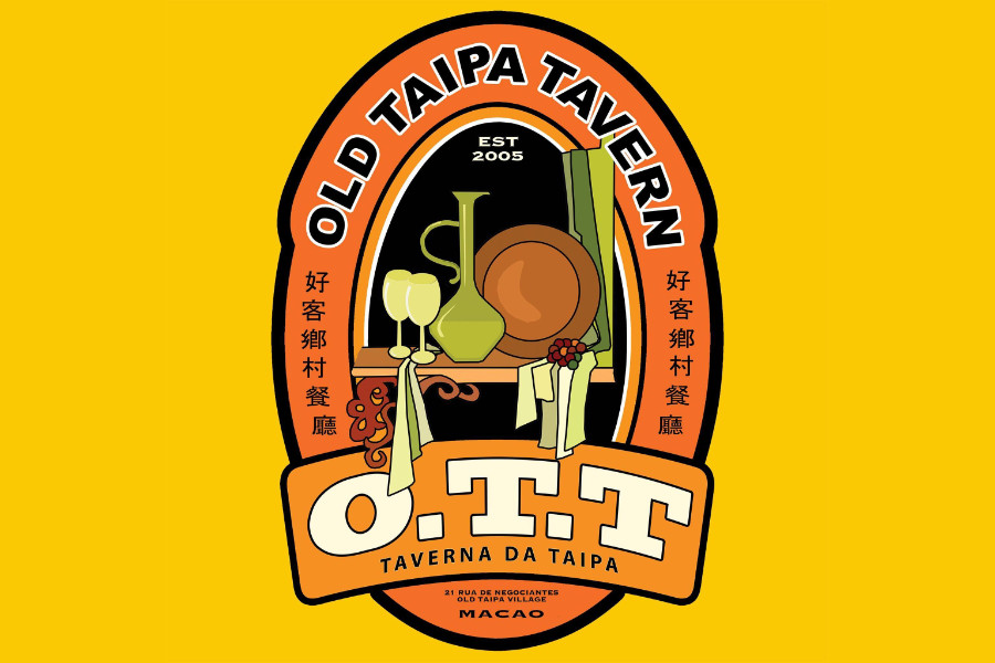 Logo of The Old Taipa Tavern with plates, glasses, and traditional decor on orange background.