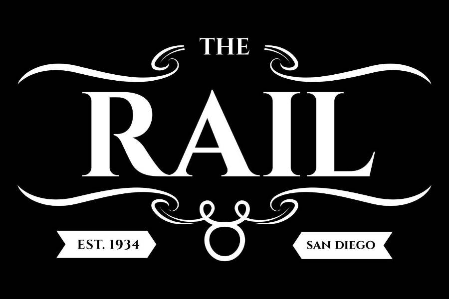The Rail’s black-and-white logo with ornate design, founded in 1934 in San Diego.