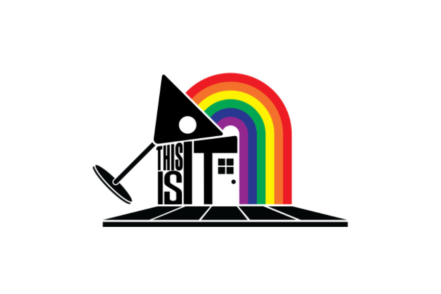 Logo of This Is It! with a tilted martini glass and a rainbow over a black-and-white floor.