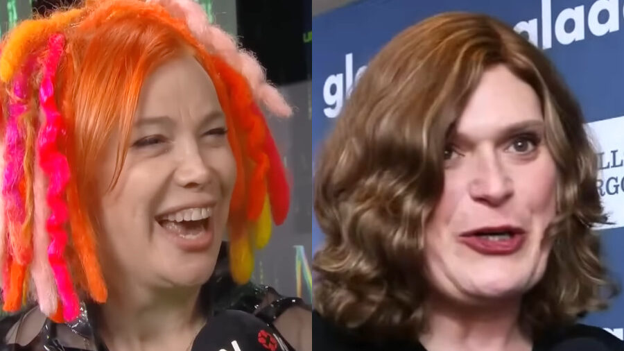 Lana Wachowski souriante avec des cheveux multicolores, Lilly Wachowski devant un mur presse.