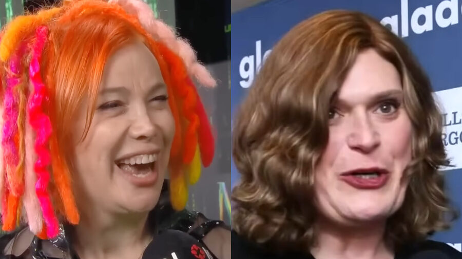 Lana Wachowski smiling with multicolor hair, Lilly Wachowski at a press wall.