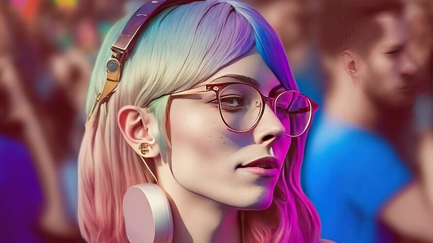 Una representación artística futurista de una persona con colores de cabello vibrantes, gafas de gran tamaño y auriculares metálicos, ambientada en un entorno público.