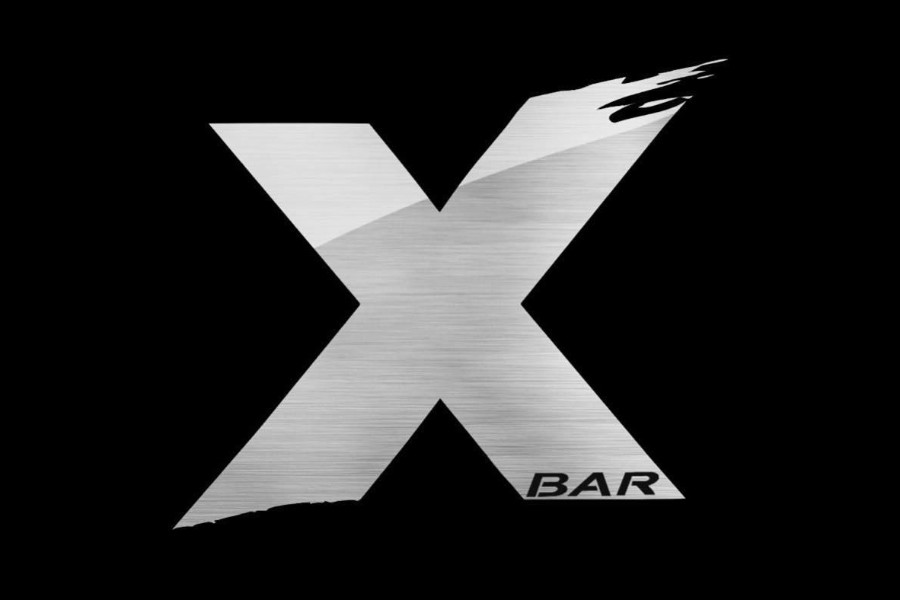 Stylized X Bar branding with industrial metallic finish on a bold black backdrop.