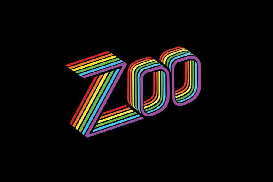 Rainbow-colored Zoo Bar logo with retro 3D effect centered on black background.